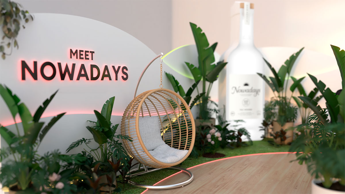 Render 3D de un espacio de marca con vegetación y luz de neón