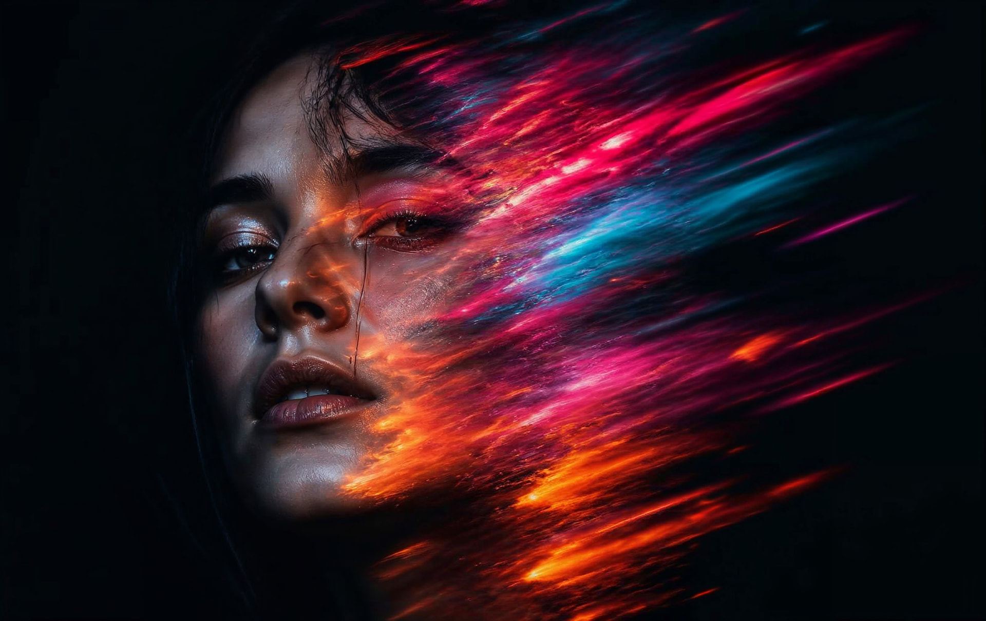 Retrato editorial con trazos de luz abstractos en magenta, turquesa y naranja sobre fondo negro